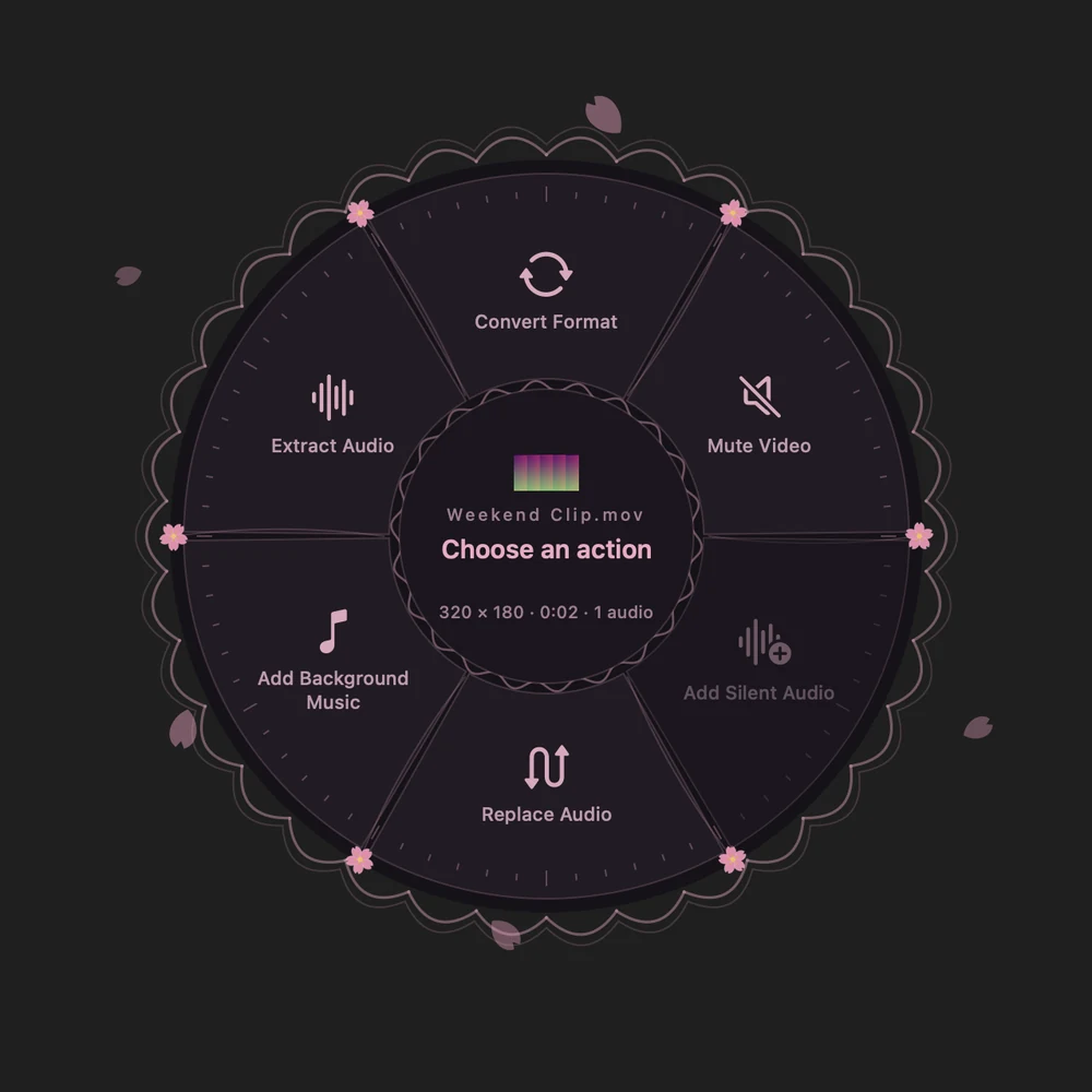 Arc Video Utilities showing conversion, mute, audio extraction, and soundtrack actions